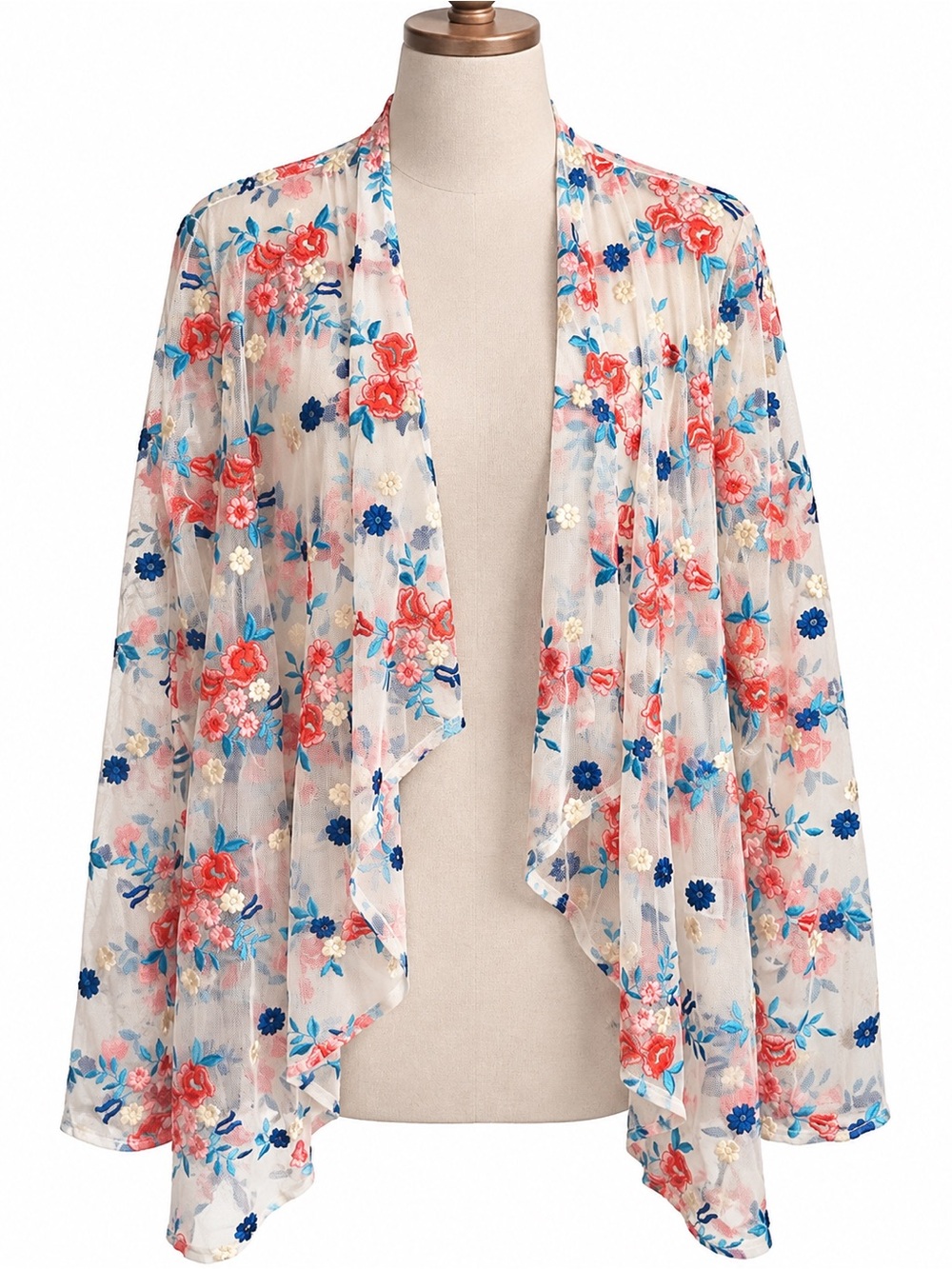 Embroidered Floral Sheer Wrap - Cream with Coral & Blue Flowers